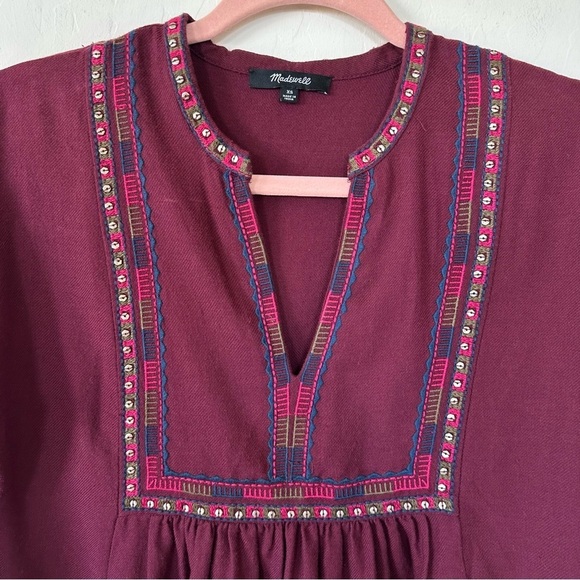Madewell Wool Cotton Blend Maroon Boheme Embroidered Popover Top Extra Small - Picture 4 of 7